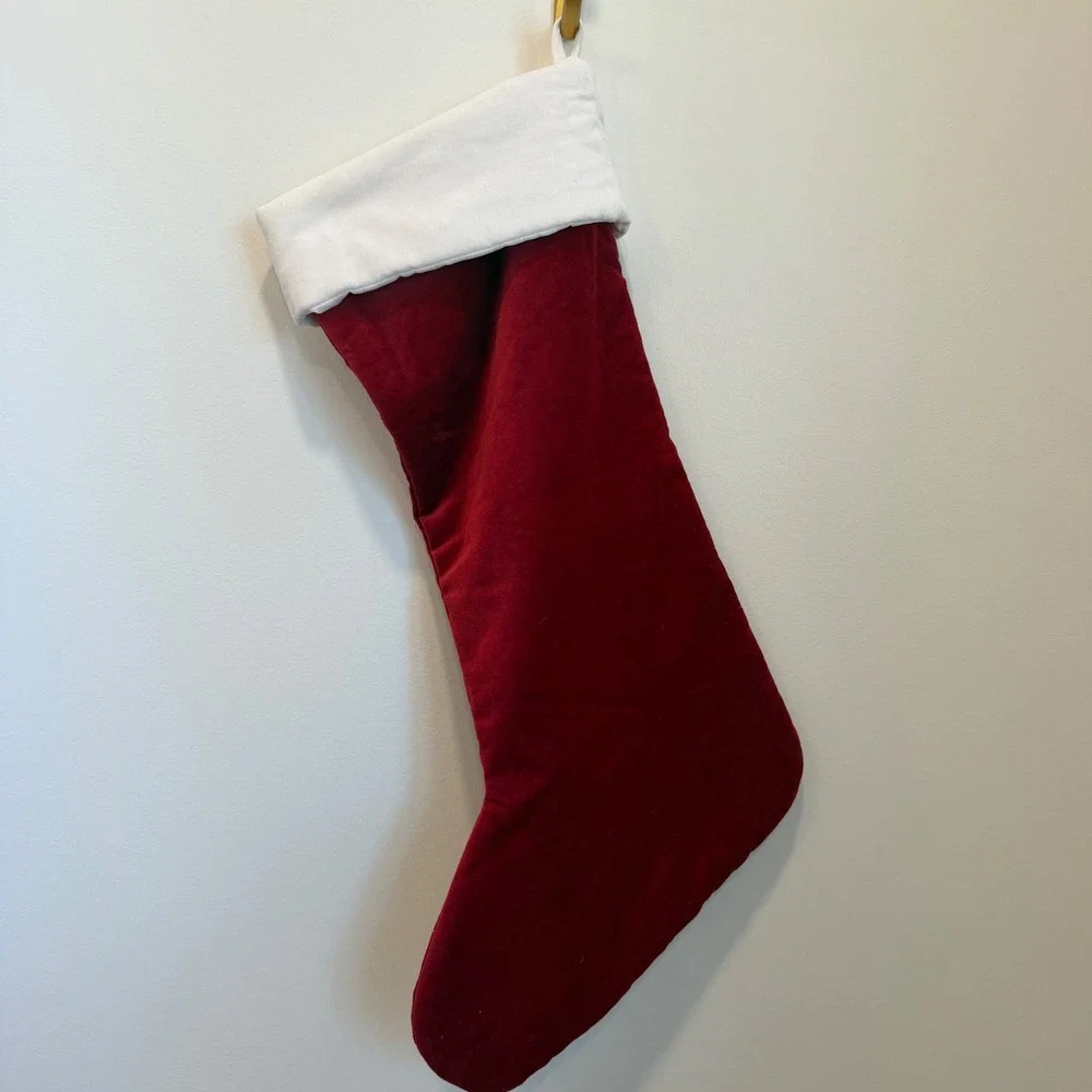 Pottery Barn Red Velvet Christmas Stocking XL Mom Embroidered White Cuff 22 In
